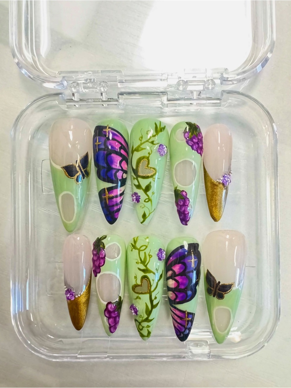 Butterfly & Grape Hand-Painted Press-On Nail Set in Light Green by